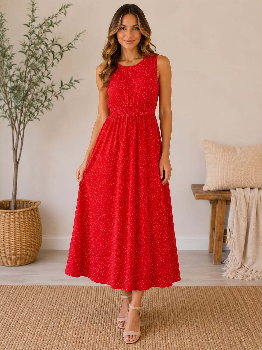 beachlunchlounge Red Star Print Sleeveless Maxi Midi Dress Womens Large